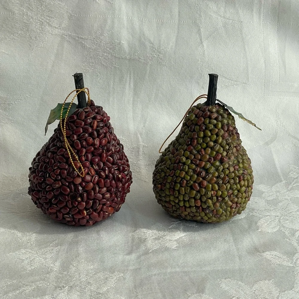 Pier 1 Beaded Pears with Metal Leaves Fall Autumn Decor Ornaments Set of 2